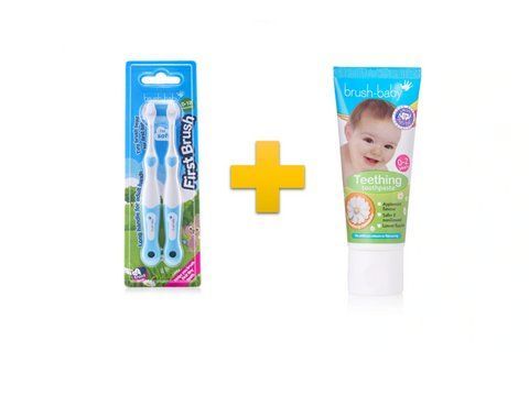 Комплект Brush-Baby First Brush (зубна щітка First Brush (блакитна) + паста Teething Baby 50мл) bb55 фото