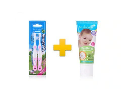Комплект Brush-Baby First Brush (зубна щітка First Brush (рожева) + паста Teething Baby 50мл) bb56 фото