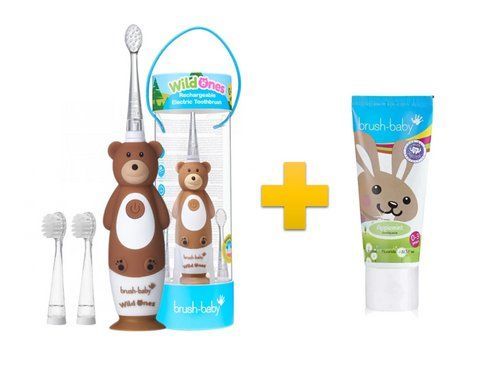 Комплект Brush-Baby WildOnes Sonic (0-10 років) ведмедик + Зубна паста Brush-Baby 0-3 2278582159 фото